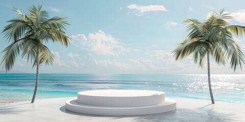 A podium on the beach with palm trees under an azure sky