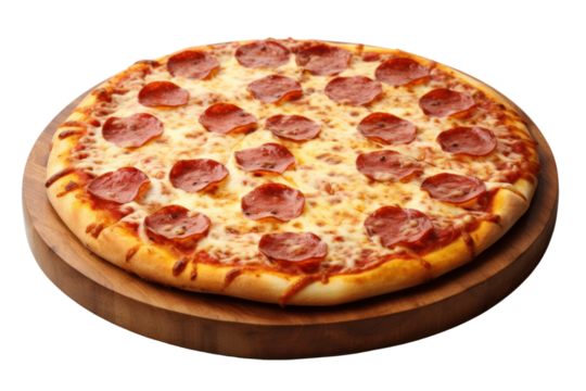 Pepperoni pizza, thin crispy dough, stretched cheese, pepperoni topping, sprinkled with oregano on a wooden tray, isolated on transparent background.