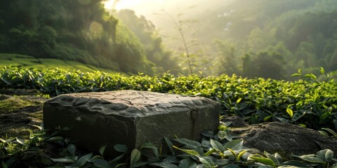 A rock rests among a field of lush green plants in a natural landscape