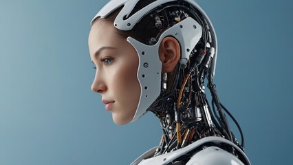 A robotic woman with a futuristic head and face. Ideal for technology concepts