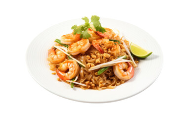 Pad Thai with rice noodles, fresh shrimp, bean sprouts and tofu on a white plate. Fresh and appetizing, isolated on transparent background.