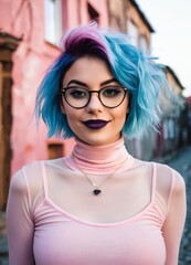 Fototapeta na wymiar a woman with glasses, colorful hair and a pink top is standing in a street with buildings and cobblestones