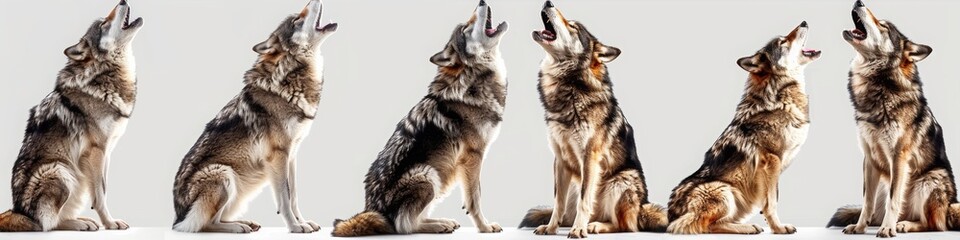 Fototapeta premium Set of grey wolf in different poses, sitting and howling on white background. A wolf family, adult grey wolves standing in different poses and howling at the sky.