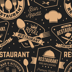 Restaurant seamless pattern or background. Vector Illustration. Fabric, textile, wallaper with plate, cloche with lid, fork and knife. - 784290304