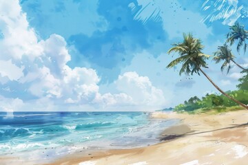 Beautiful landscape with a beach with palm trees in a sunny day. Watercolor illustration. AI generative - 784290324