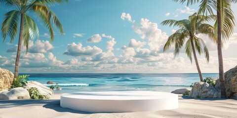 White podium on tropical beach with palm trees, ocean, azure sky, and water