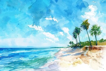 Fototapeta na wymiar Beautiful landscape with a beach with palm trees in a sunny day. Watercolor illustration. AI generative