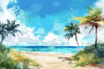 Beautiful landscape with a beach with palm trees in a sunny day. Watercolor illustration. AI generative - 784290393