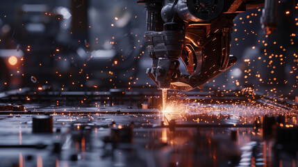  A robot is working on a piece of metal, surrounded by sparks and smoke. The scene is intense and action-packed, with the robot's movements and the sparks creating a sense of urgency and excitement