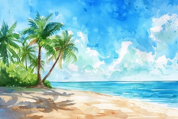 Beautiful landscape with a beach with palm trees in a sunny day. Watercolor illustration. AI generative - 784290505