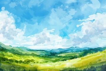 Beautiful idyllic  landscape with a green hills in a sunny day. Watercolor illustration. AI generative - 784290507