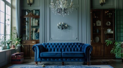Classic blue velvet sofa in a Victorian-style parlor, chandelier above