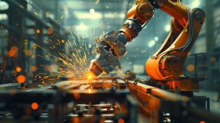  A robot is working on a piece of metal, surrounded by sparks and smoke. The scene is intense and action-packed, with the robot's movements and the sparks creating a sense of urgency and excitement