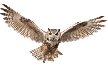 Owl flying, isolated on transparent background.