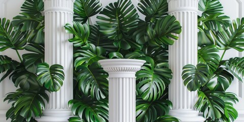 White columns in a building facade with green areca palms around