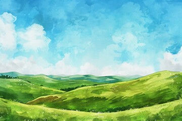 Beautiful idyllic  landscape with a green hills in a sunny day. Watercolor illustration. AI generative - 784290593
