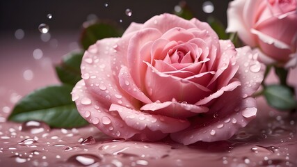 {A photorealistic image showcasing a close-up view of a vibrant pink rose adorned with delicate water droplets. The focus should be on capturing the intricate details of the rose petals, highlighting 