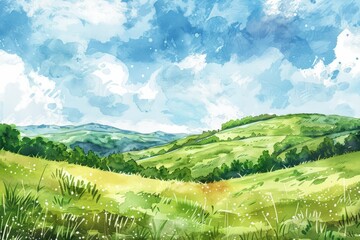 Beautiful idyllic  landscape with a green hills in a sunny day. Watercolor illustration. AI generative - 784290710