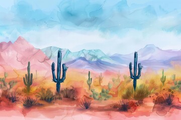 Beautiful landscape with a desert with a cacti. Watercolor illustration. AI generative - 784290759