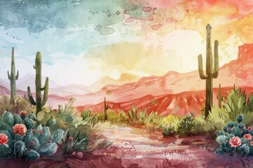 Beautiful landscape with a desert with a cacti. Watercolor illustration. AI generative - 784290791