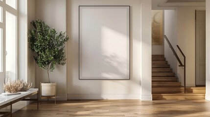 Interior of a contemporary entrance hall with a blank mock-up frame, clean lines