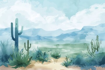 Beautiful landscape with a desert with a cacti. Watercolor illustration. AI generative - 784290907