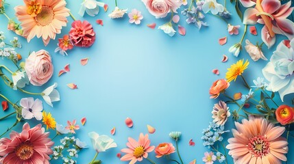 Fototapeta na wymiar International Women's Day concept, abstract flowers frame on blue background, space for message