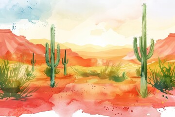 Beautiful landscape with a desert with a cacti. Watercolor illustration. AI generative - 784290931