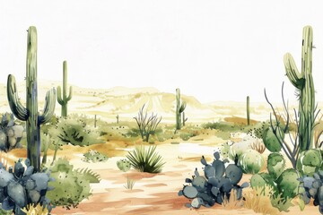 Beautiful landscape with a desert with a cacti. Watercolor illustration. AI generative - 784290942