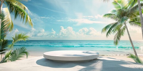 A round bed by the water with palm trees and azure sky in the background