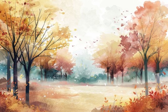Beautiful autumn forest. Watercolor illustration. AI generative