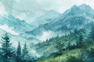 Beautiful mountains and forest. Watercolor illustration. AI generative - 784291366
