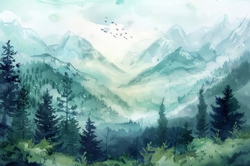 Beautiful mountains and forest. Watercolor illustration. AI generative - 784291387