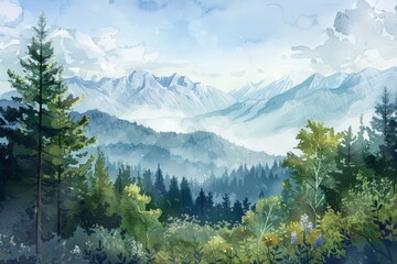 Beautiful mountains and forest. Watercolor illustration. AI generative