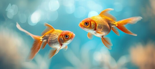 Fototapeta premium Two goldfish swimming in the water, as if in a fish tank, with a closeup shot.