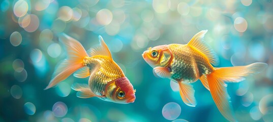 Two goldfish swimming in the water, as if in a fish tank, with a closeup shot.