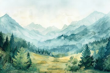 Beautiful mountains and forest. Watercolor illustration. AI generative - 784291575
