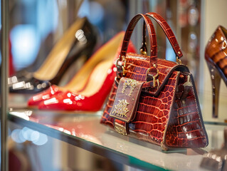 Glamorous designer handbags and shoes showcased in a high-end luxury boutique store. - obrazy, fototapety, plakaty