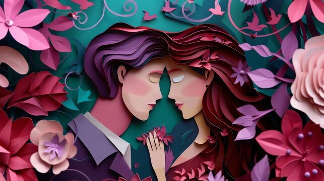 woman and man head, love, couple, paper illustration, multi dimensional colorful paper cut craft