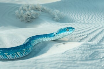 A blue snake crawls across the snow-white sand - obrazy, fototapety, plakaty