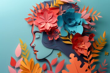 woman head, paper illustration, multi dimensional colorful paper cut craft
- 784291941