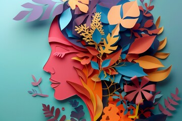 woman head, paper illustration, multi dimensional colorful paper cut craft
- 784292368