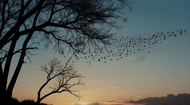 Beautiful tree branch with birds silhouette background for wallpaper sticker .Generative AI