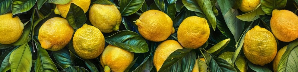 Seamless pattern of lemons and leaves, lemon slices and green leaves. A print for fashion accessories like aprons or t-shirts in the style of tropical motifs.