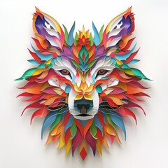 Naklejka premium fox, wolf, head, paper illustration, multi dimensional colorful paper cut craft 