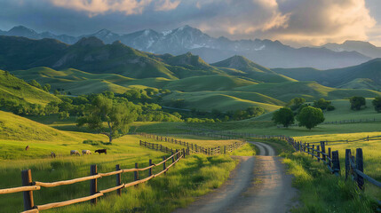 Photograph showcasing rolling green hills dotted with rustic wooden fences and grazing livestock.
