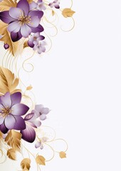 A floral pattern with white background, purple flowers and golden leaves.
