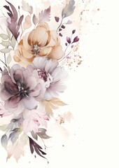 A watercolor painting of a bouquet of flowers. The flowers are mostly pink, purple, and yellow with green leaves. The background is white with a few splashes of paint. - obrazy, fototapety, plakaty