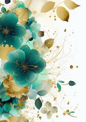 Teal and gold floral watercolor painting.