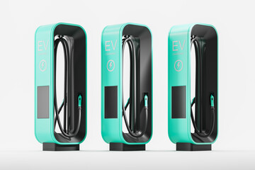 A row of modern electric vehicle charging stations on a white background, illustrating the concept of green energy. 3D Rendering